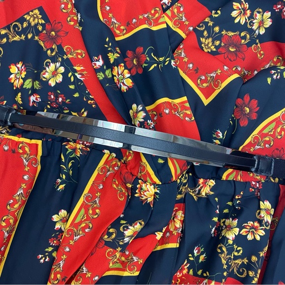 City Chic Printed Scarf Faux Wrap Midi Dress: Floral Patchwork Red Black - Picture 5 of 11